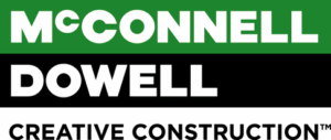 Logo with three horizontal color blocks: green on top, black in the middle, and white on the bottom. White text reads "McCONNELL" (top), "DOWELL" (middle), and "CREATIVE CONSTRUCTION™" (bottom).