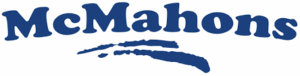 Blue text reading "McMahons" in a bold, curved font, with a blue abstract underline resembling a brushstroke beneath the word, all on a white background.