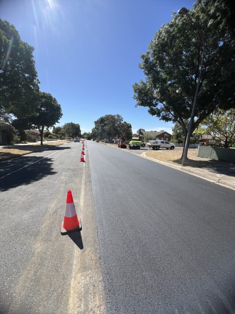 Freshly paved road under a clear blue sky, with orange and white traffic cones placed along the left side. Large trees line both sides of the street, providing shade on the sidewalk.