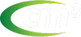 Logo with a stylized green and yellow curved shape surrounding the white text "cm³" on a transparent background.