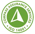 Green circular logo with a white compass arrow in the center. Around the edge, it reads "COMPASS ASSURANCE SERVICES" at the top and "ISO 14001" at the bottom.