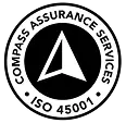 Black and white logo featuring a compass icon in the center, surrounded by the text "COMPASS ASSURANCE SERVICES" at the top and "ISO 45001" at the bottom inside a circular border.