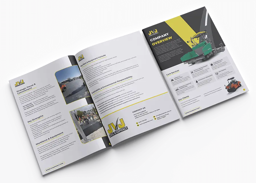 Open, professionally designed company brochure with a black, yellow, and white color scheme. It features photos of construction equipment, company information, service details, and contact information. The pages are neatly laid out.